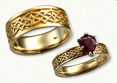 14kt Celtic Crynoch Knot Engagement Ring set with a 1.05ct Pear Shaped Ruby with matching Wedding Band