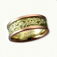 14kt Green Gold Center Triangle Knot with Thistle Band with 14kt Rose Gold Rails