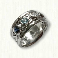 14kt white gold Custom Adare Knot Band w/Bezel Set Stones - diamond, blue topaz and sapphires 