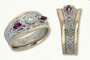 14kt Two Tone Custom Tapered Adare Knot Band with bezel set center diamond and side marquise rubies