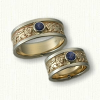 14kt Yellow and White Gold Rampant Lion Wedding Bands with Bezel Set Blue Sapphires