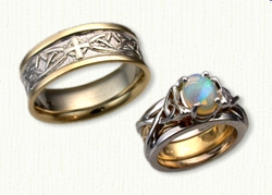 Custom Celtic Arches Band with Single Celtic Cross Wedding Band with Vanessa Reverse Cradle set with a .65ct Oval Opal 