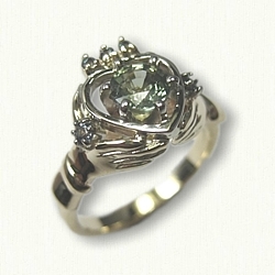 14kt Yellow Gold Custom Celtic Claddagh Engagement Ring set with a round .98ct  Genuine Green Sapphire and side/crown Alexandrites  