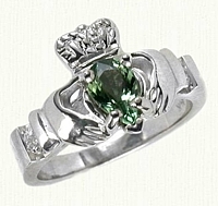 14KW Claddagh Ring with 2 Diamonds (0.14ct. total weight) and a 0.62ct. Pear Shaped Green Sapphire (6 x 4mm)