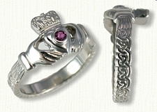 Small Traditional Claddagh with Galway Wave Knot Shank Set with a .05ct Ruby 