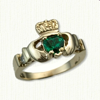 Custom Claddagh Ring with 2 Diamonds and a Heart Shaped Lab Created Emerald