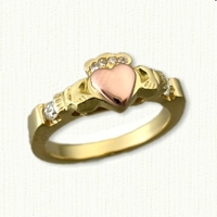 14kt Yellow Gold Claddagh Ring set with side diamonds on sides and crown 