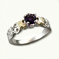 Custom Two Tone Claddagh ring with a monogrammed shank with a K and S set with a 5 x 5 mm Heart Amethyst