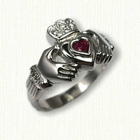 14kt White Gold Medium Claddagh with a .25ct bezel set Heart Shaped Ruby