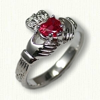 14kt White Gold Custom #1698 Galway Shank Claddagh Ring set with a 5 x 5 Heart Shaped Chatham Ruby  