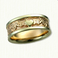 14kt Claddagh and Triangle Knot Wedding Band- 14kt Raised Green Gold Heart and Rails 14kt Yellow Center  