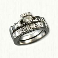 14kt White Gold Custom Claddagh & Initial Diamond Wedding Band Set 