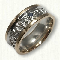 14kt White Gold Custom Claddagh Initial Wedding Band with 18kt Yellow Gold Rails- with bezel set sapphire in center 