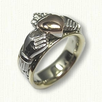 14kt Tri Color Gold Claddagh Wedding Band with 14kt Rose Gold Raised Heart 