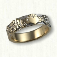 14kt Two Tone Custom Initial & Claddagh Wedding Band - straight edges 