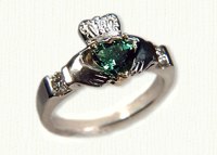 Custom claddagh ring with heart shaped lab created emerald and 2 diamonds
