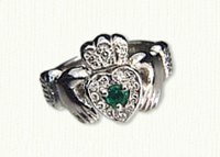 Claddagh ring with round emerald and 18 diamond melee