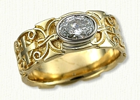 14kt Yellow Gold Celtic Mohan and Cross Sculpted Wedding Band with Oval Bezel Set Diamond