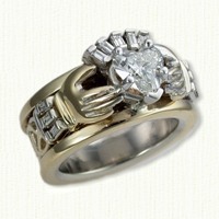 Custom Claddagh ring with a 1.50ct heart shaped diamond and baguette accents