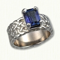 14kt white gold Christa Celtic Engagement Ring set with an Emerald Cut blue sapphire