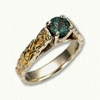 14KY sculpted 'Bridget' Engagement ring with dragon pattern and round green sapphire