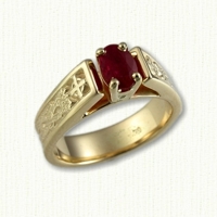 14KY 'Bridget' Engagement ring with dragon & cross pattern and oval Ruby