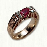 14kt rose 'Kathryn' Engagement ring with dragon & cross pattern, oval ruby and 4 small diamonds