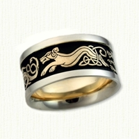 Celtic Dragon & Hound Wedding Band. Yellow center, white rails & black antiquing