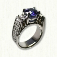 14KW 'Kathryn' Engagement ring with dragon pattern, oval blue sapphire and 4 small diamonds