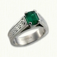 Platinum Bridget ring w/ Galway Wave pattern and emerald cut emerald