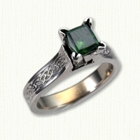 14KW Maureen engagement ring with glasgow knot pattern & princess cut green sapphire