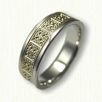14kt White Gold Celtic Intricate Heart Knot Wedding Band - with 18kt Yellow Gold Electroplating in Recessed Areas