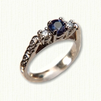 14kt yellow gold Heather Engagment Ring with Murphy Knot pattern, round blue sapphire and two diamonds