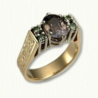 14kt yellow gold Kathryn engagement ring with Murphy Knot pattern, oval center stone and 4 small side stones