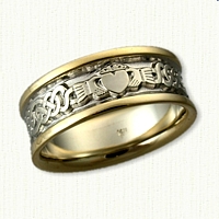 14kt Two Tone Lindesfarne with  Single Claddagh Wedding Band 