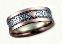 Lindesfarne Knot with Claddagh. 14kt white gold center, 14kt rose gold rails and Raised Rose gold heart