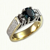 ' Kathryn' engagement ring with Lindesfarne knot pattern, oval green sapphire and 4 small diamonds