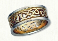 Pierced Lindesfarne Knot Wedding Rings. 14Kt Yellow center/ white rails