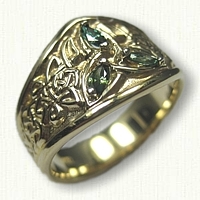 14kt Yellow Gold Custom Celtic Triangle Knot Tapered Band with Marquise Green Sapphire Side Stones