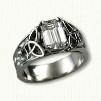 Custom Pierced Platinum Triangle & Continuous Heart knot engagement ring set with an Emerald Cut Diamond 