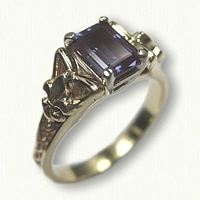 14kt Yellow Gold Celtic Marishelle Engagement Ring with Fleur de Lis Sides set with a 7 x 5 mm Emerald Cut Chatham Alexandrite