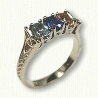 14kt Yellow Gold Celtic Bridged Marishelle Mother's Ring set with (3) 6 x 4 oval birthstones - genuine aqua, simulated sapphire, genuine topaz