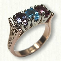 14kt Rose Gold Celtic Bridged Marishelle Mothers Ring set with a Chatham Alexandrite, Blue Zircon & Pink Tourmaline