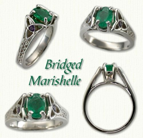 Medium Bridged Marishelle #1: 14kt white gold with 7x5mm emerald cut emerald set in a North-South orientation.