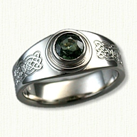 Mary #16: Narrow Mary Ring (Tralee Reverse Etch Pattern) set with a 0.82ct eye clean round green sapphire