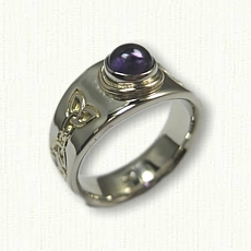 Mary #13: 14kt White Gold Celtic Mary Tapered Engagement Ring set with a 5.0 mm Cabachon Cut Amethyst  