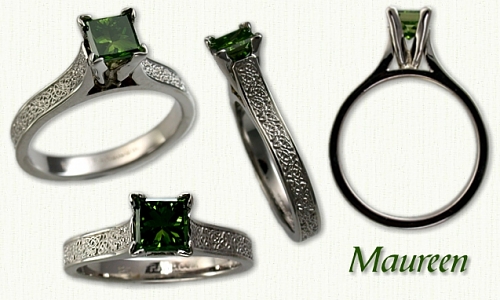 14kt white gold Maureen set with a princess cut green diamond. Celtic Heart and Knot pattern on the shank.