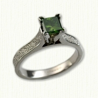 14kt white gold 'Maureen' Engagement Ring set with princess cut green diamond