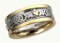 McMahon Claddagh Band with 14kt white center, yellow rails and yellow Raised Hearts. 3-4 hearts per band, 8mm