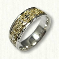 Sterling Silver Celitc Mohan Knot with Cross Wedding Band with 18kt Electroplating in Recessed Areas  